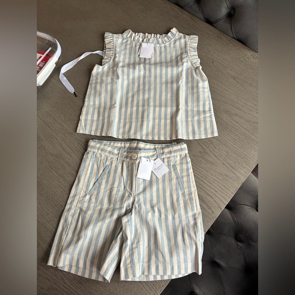 Bonpoint Cream and Light Blue Striped Kids Matching Set - Top & Shorts